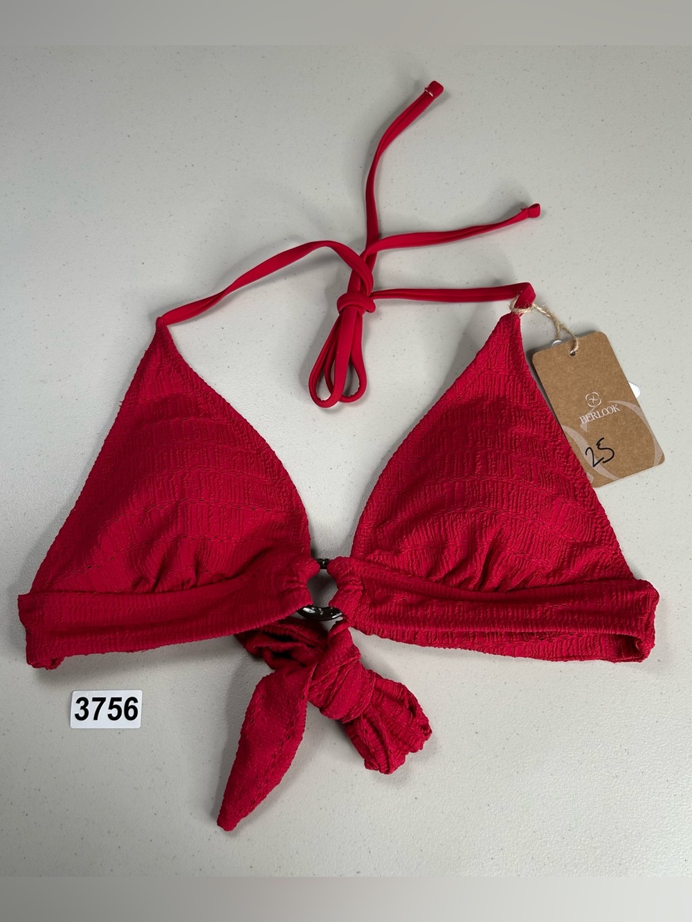 Berlook Bikini Top Medium Textured Red Triangle Halter New